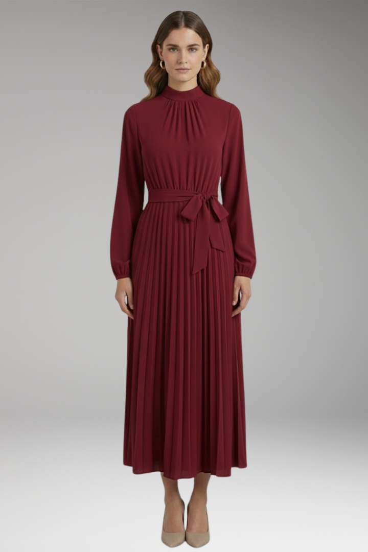 Women's Solid-Coloured Dress with Stand-Up Collar and Pleated Belt