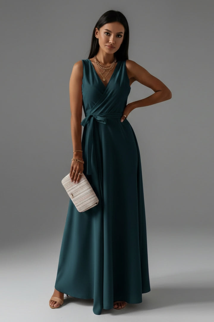 Women's Solid Colour V-Neck Long Dress with Elegant Silhouette