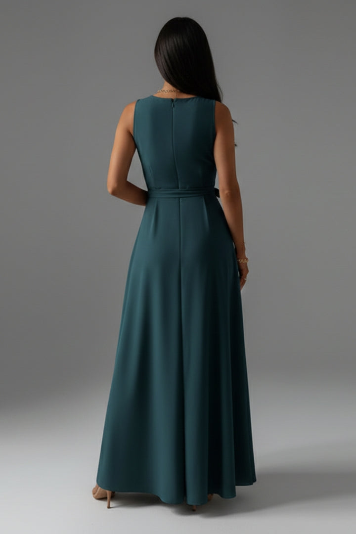 Women's Solid Colour V-Neck Long Dress with Elegant Silhouette