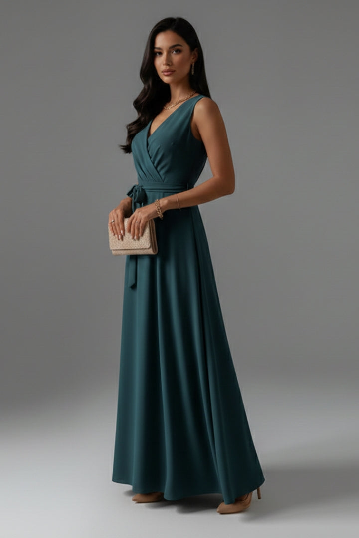 Women's Solid Colour V-Neck Long Dress with Elegant Silhouette