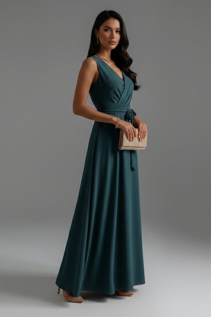 Women's Solid Colour V-Neck Long Dress with Elegant Silhouette