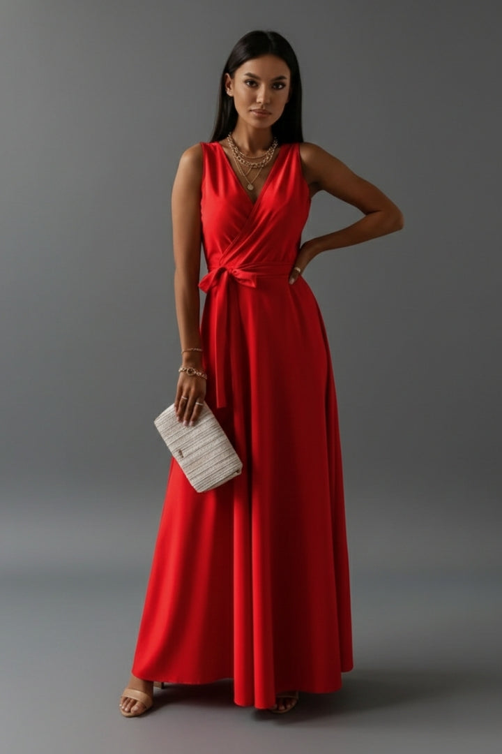 Women's Solid Colour V-Neck Long Dress with Elegant Silhouette