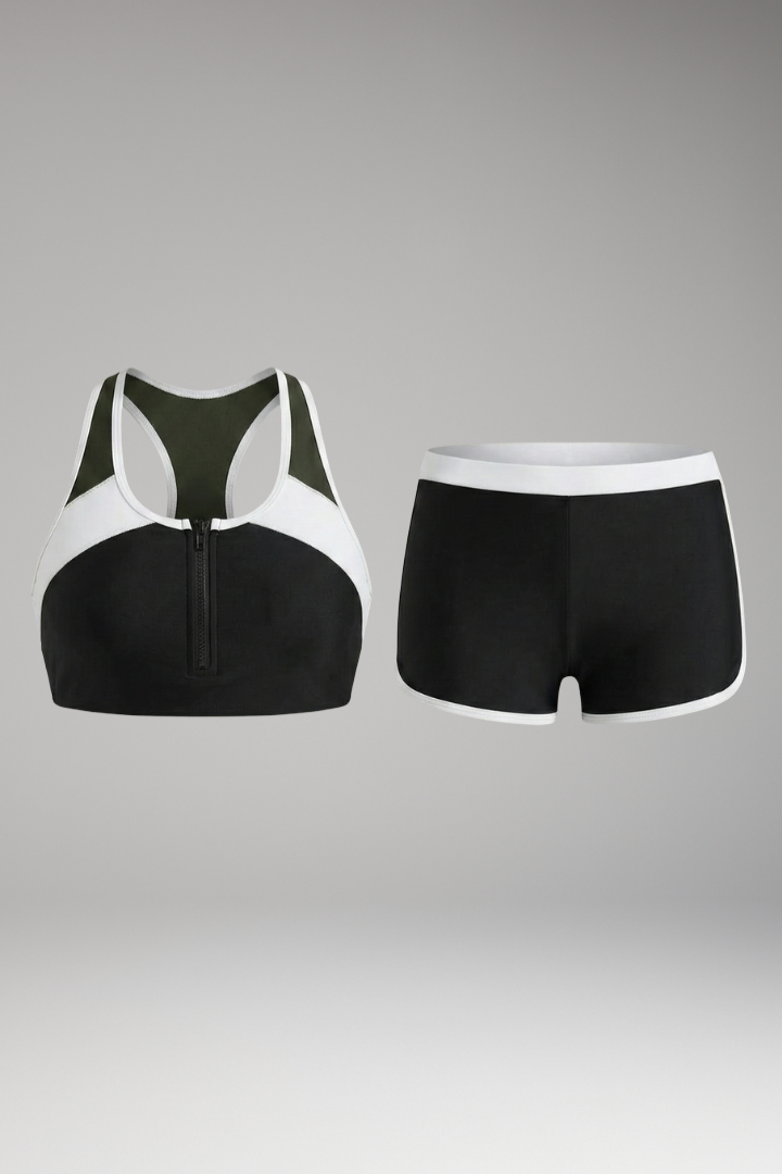 Women’s Split Bikini with Zipper Front and High-Waisted Shorts