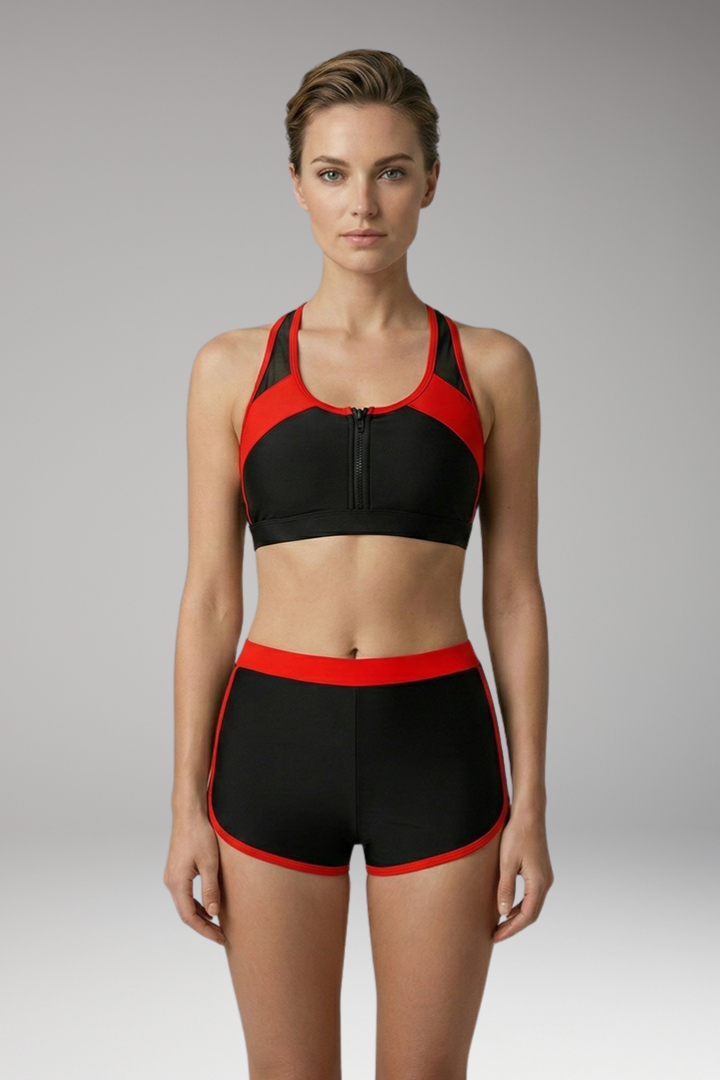 Women’s Split Bikini with Zipper Front and High-Waisted Shorts