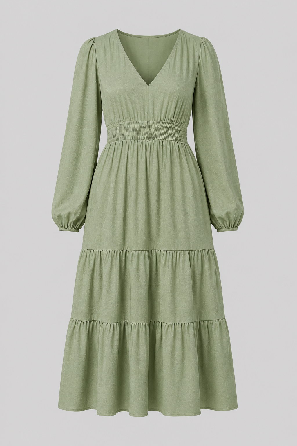 Women's Split V-Neck Midi Dress with Long Puff Sleeves and Tiered Skirt