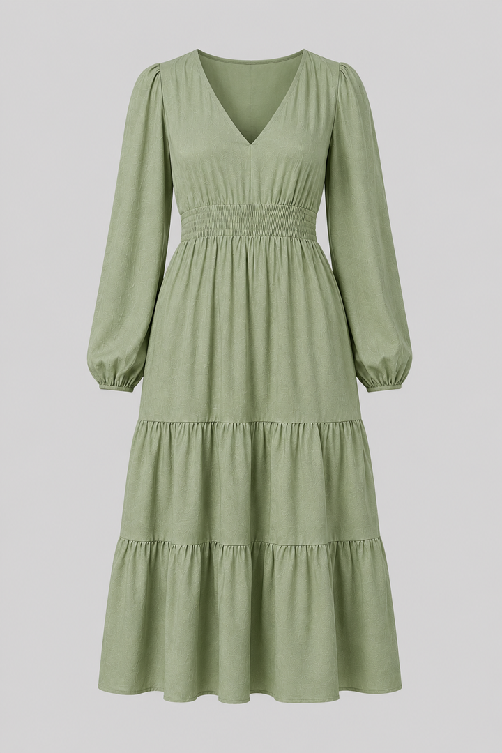 Women's Split V-Neck Midi Dress with Long Puff Sleeves and Tiered Skirt