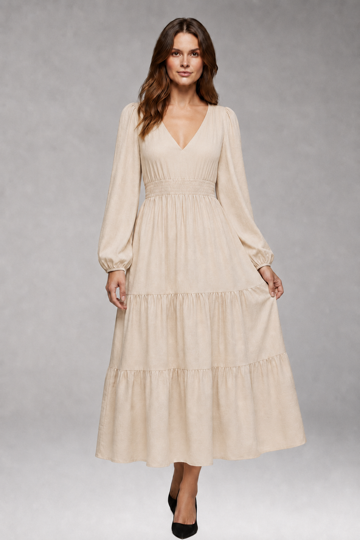 Women's Split V-Neck Midi Dress with Long Puff Sleeves and Tiered Skirt