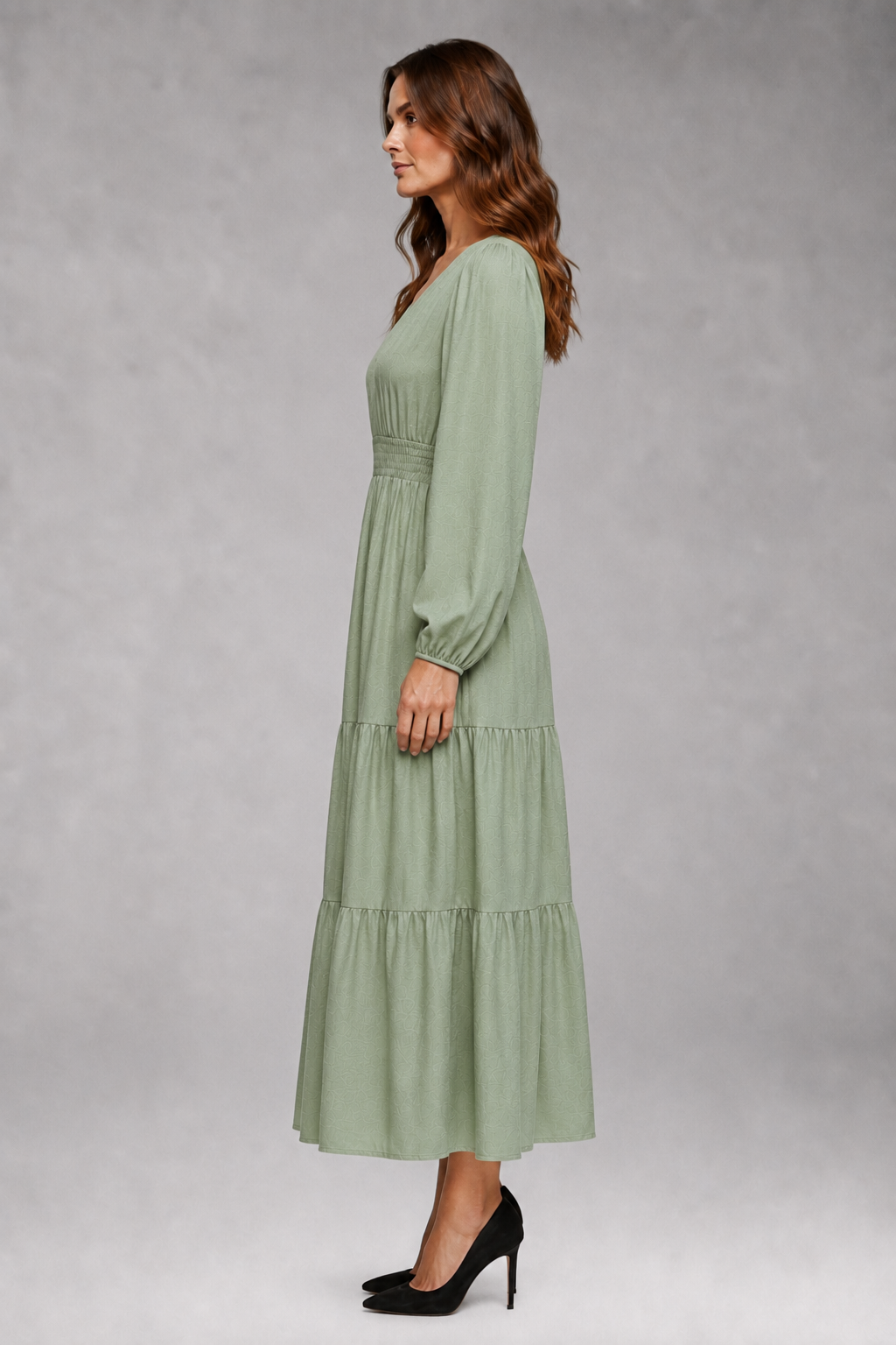 Women's Split V-Neck Midi Dress with Long Puff Sleeves and Tiered Skirt