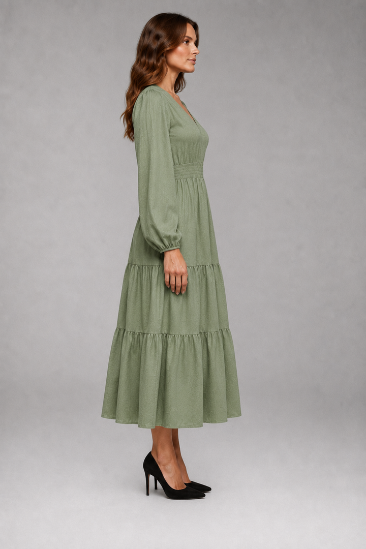 Women's Split V-Neck Midi Dress with Long Puff Sleeves and Tiered Skirt