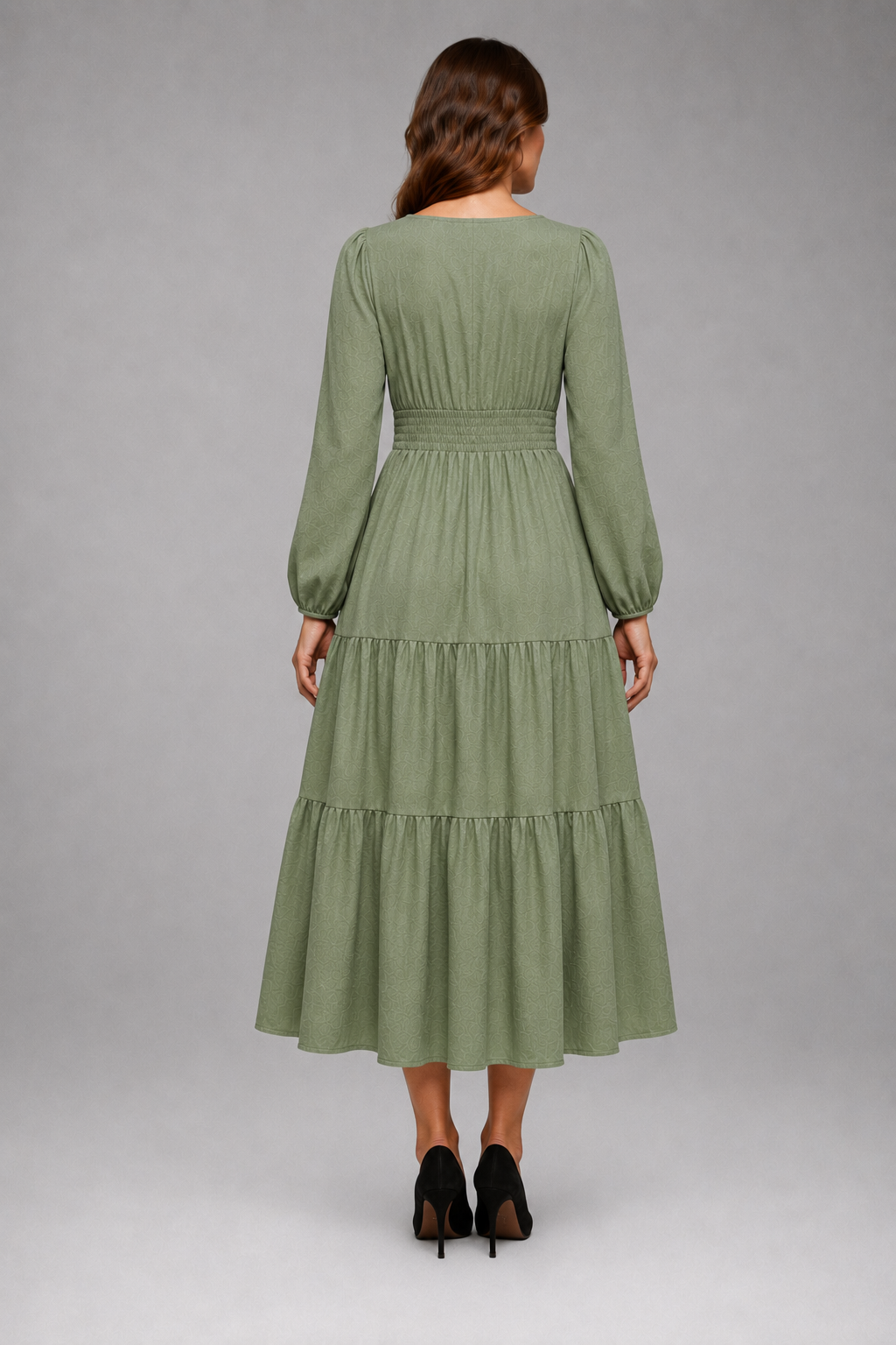 Women's Split V-Neck Midi Dress with Long Puff Sleeves and Tiered Skirt