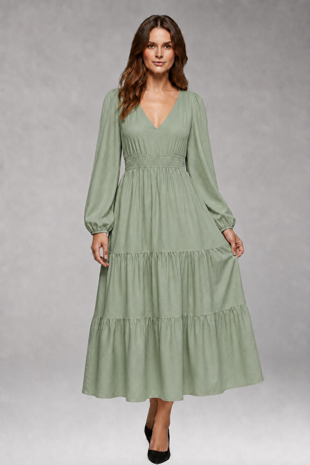 Women's Split V-Neck Midi Dress with Long Puff Sleeves and Tiered Skirt