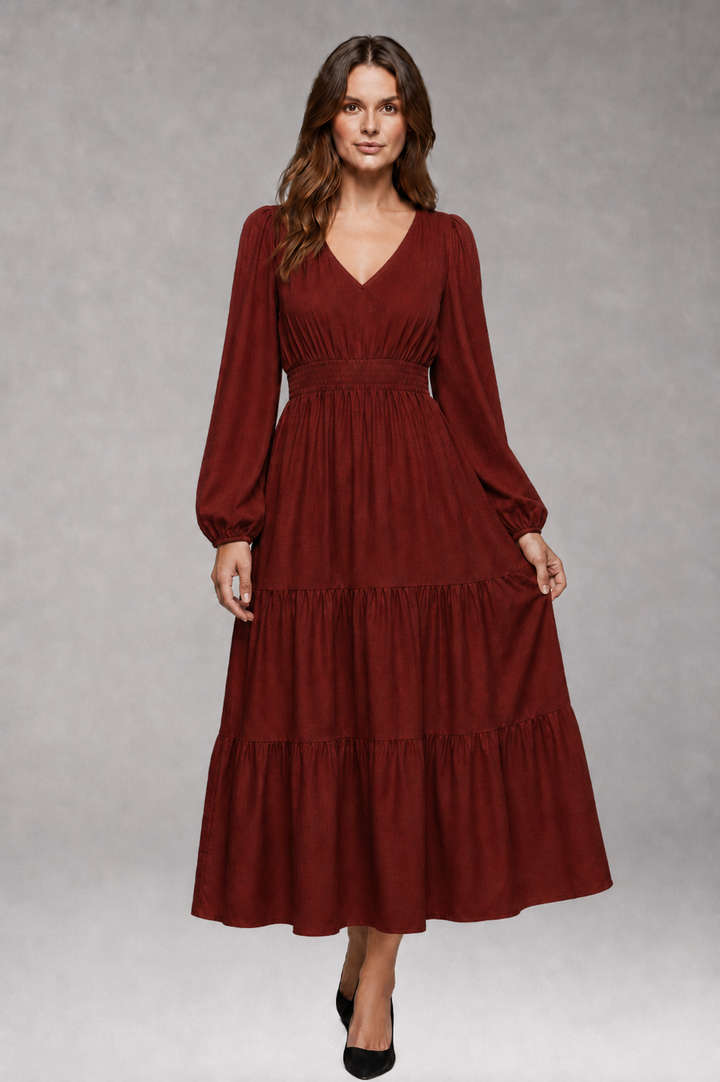 Women's Split V-Neck Midi Dress with Long Puff Sleeves and Tiered Skirt