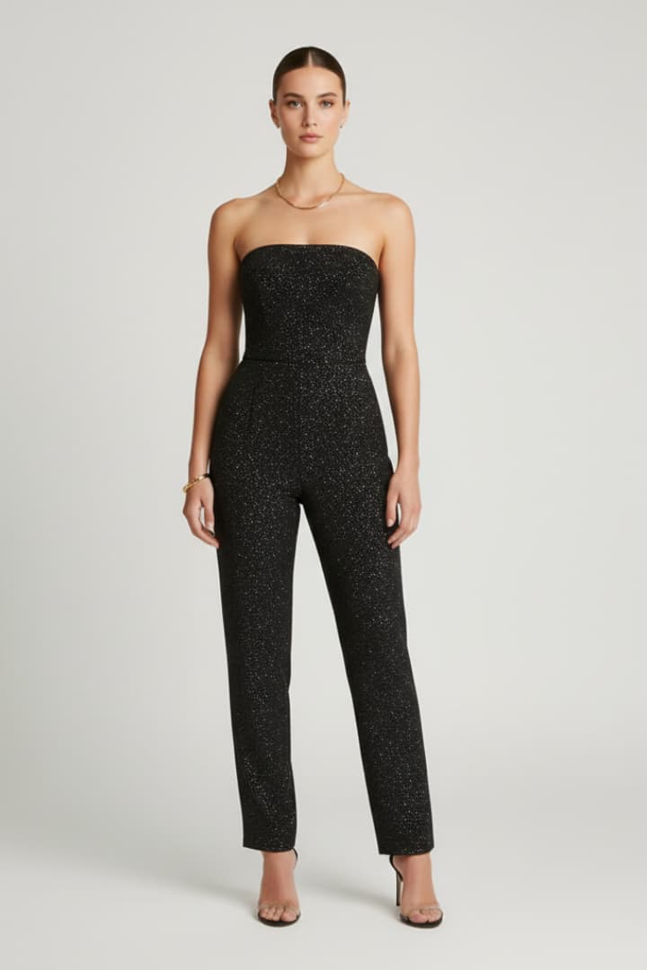 Women’s Strapless Glitter Jumpsuit with Straight Leg