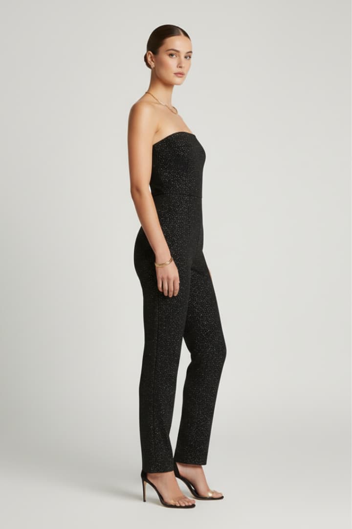 Women’s Strapless Glitter Jumpsuit with Straight Leg