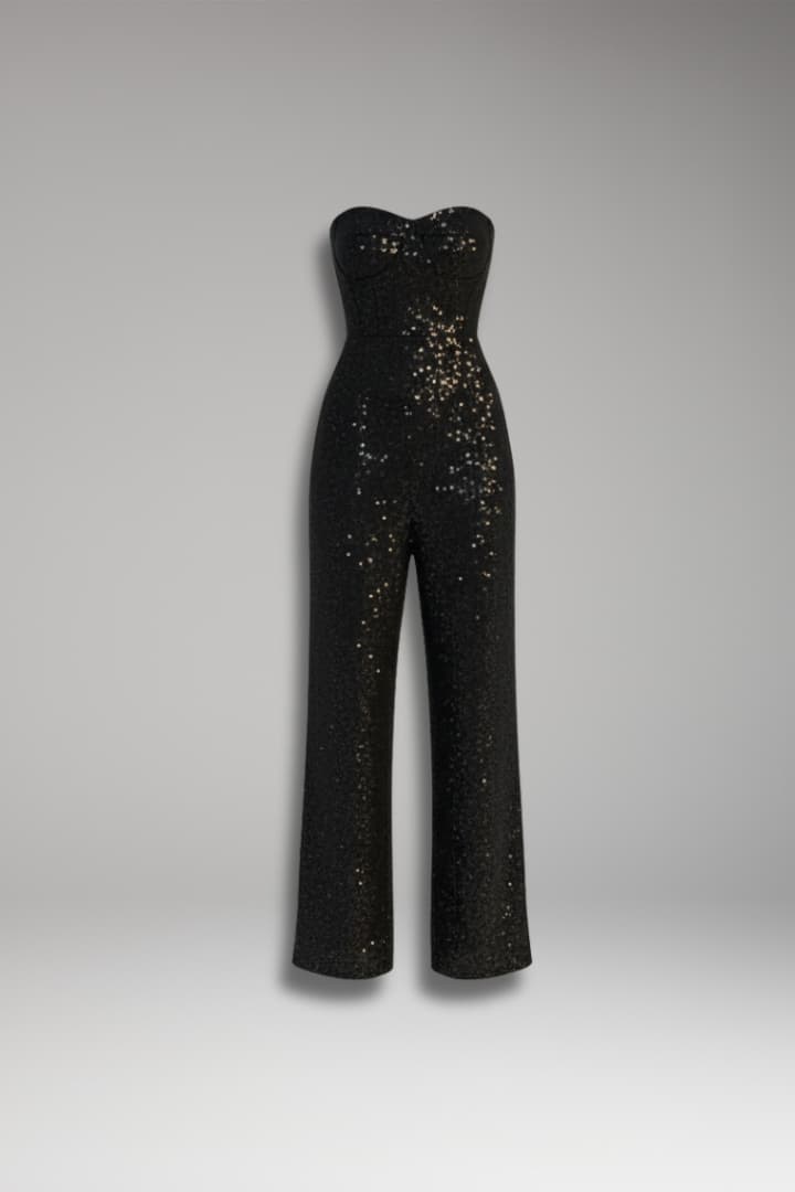 Women’s Strapless Glitter Jumpsuit with Straight Leg