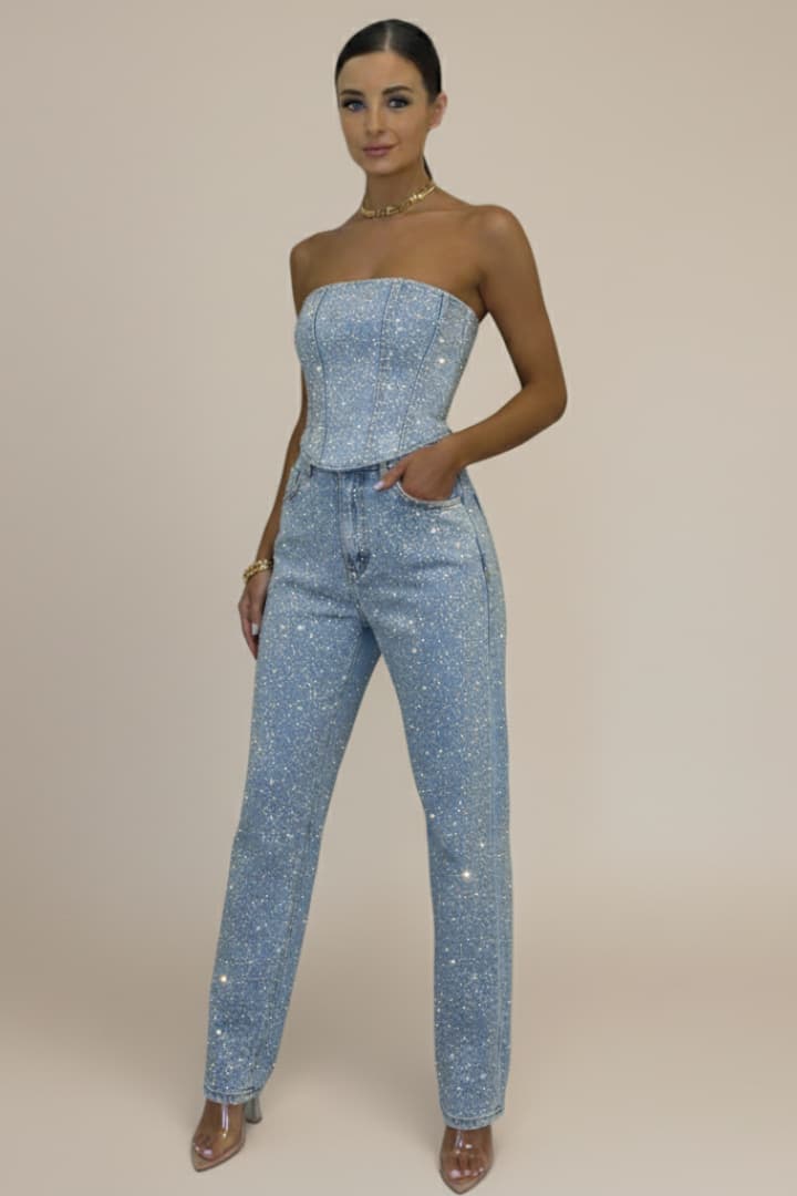 Women’s Strapless Glitter Jumpsuit with Straight Leg