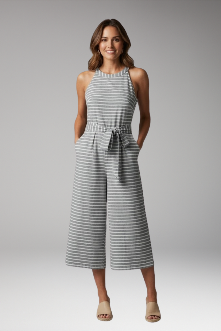 Women's Striped Jumpsuit with Halter Neck and Waist Tie