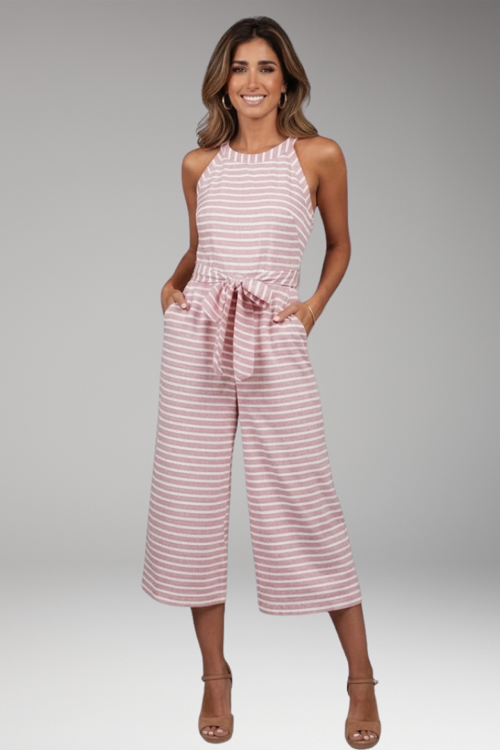 Women's Striped Jumpsuit with Halter Neck and Waist Tie