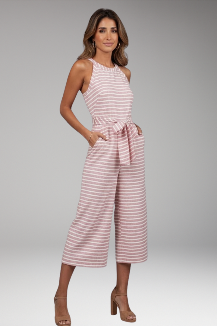 Women's Striped Jumpsuit with Halter Neck and Waist Tie