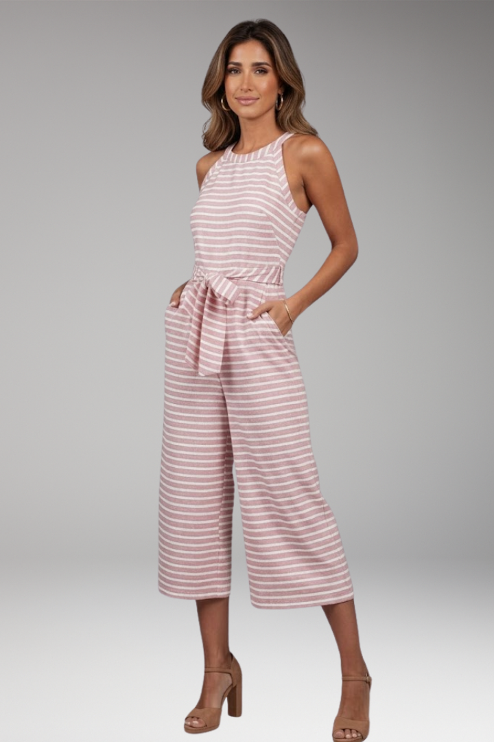 Women's Striped Jumpsuit with Halter Neck and Waist Tie