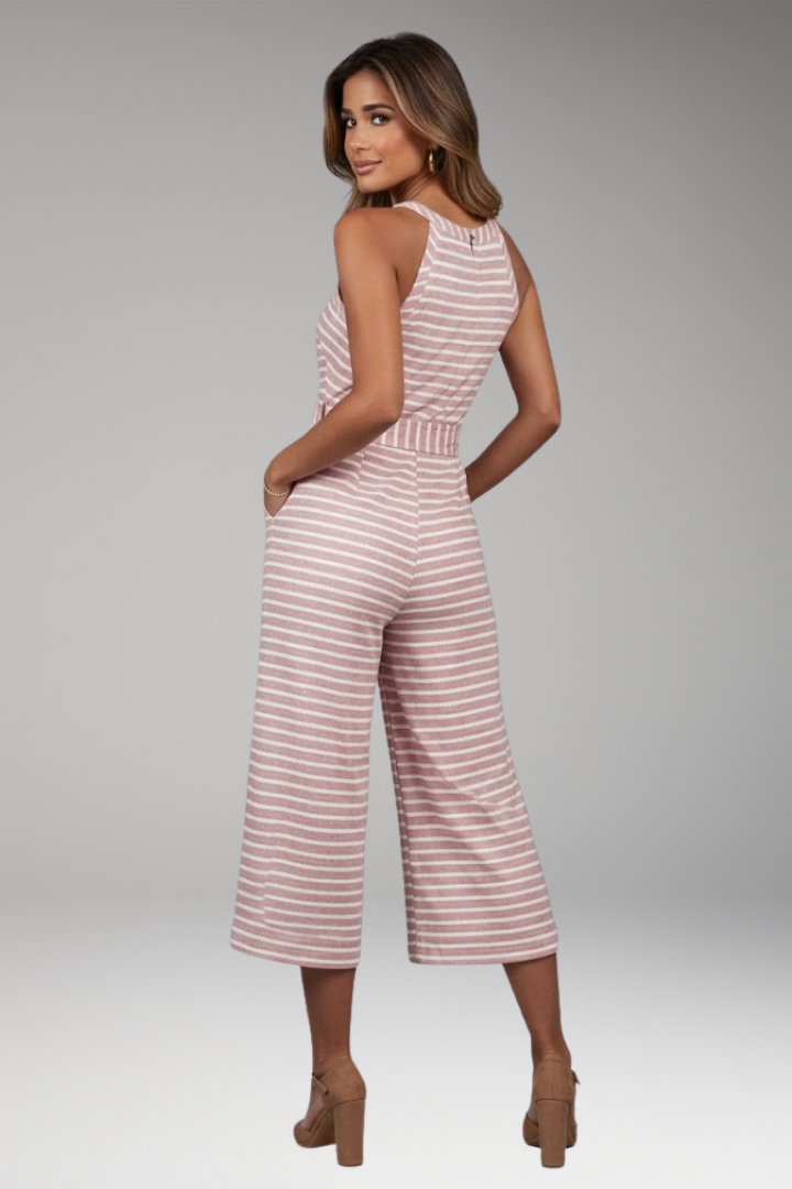 Women's Striped Jumpsuit with Halter Neck and Waist Tie