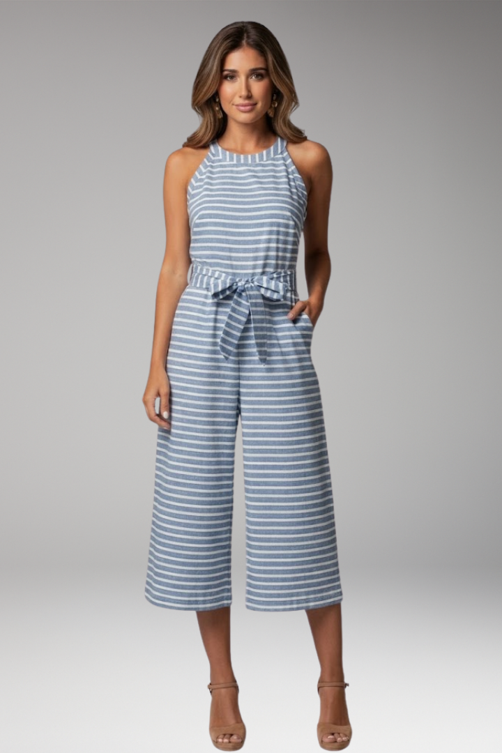 Women's Striped Jumpsuit with Halter Neck and Waist Tie