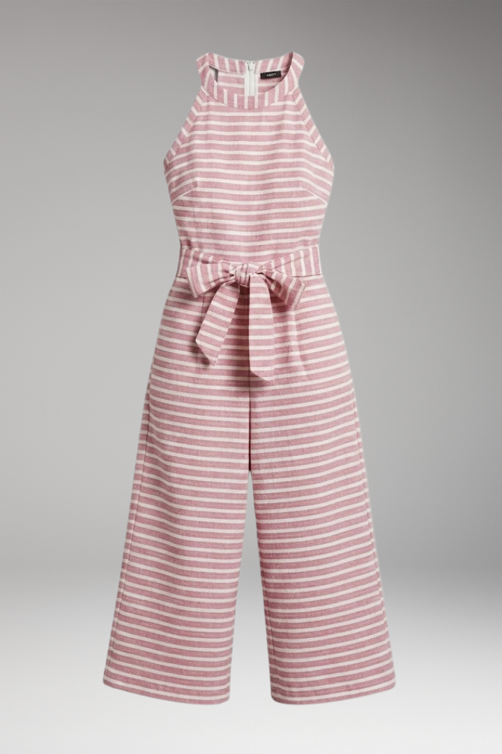Women's Striped Jumpsuit with Halter Neck and Waist Tie