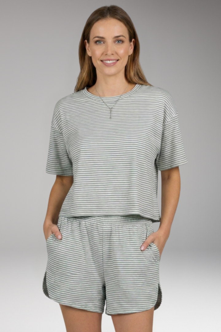 Women's Striped Two Piece Set with Short Sleeve Top