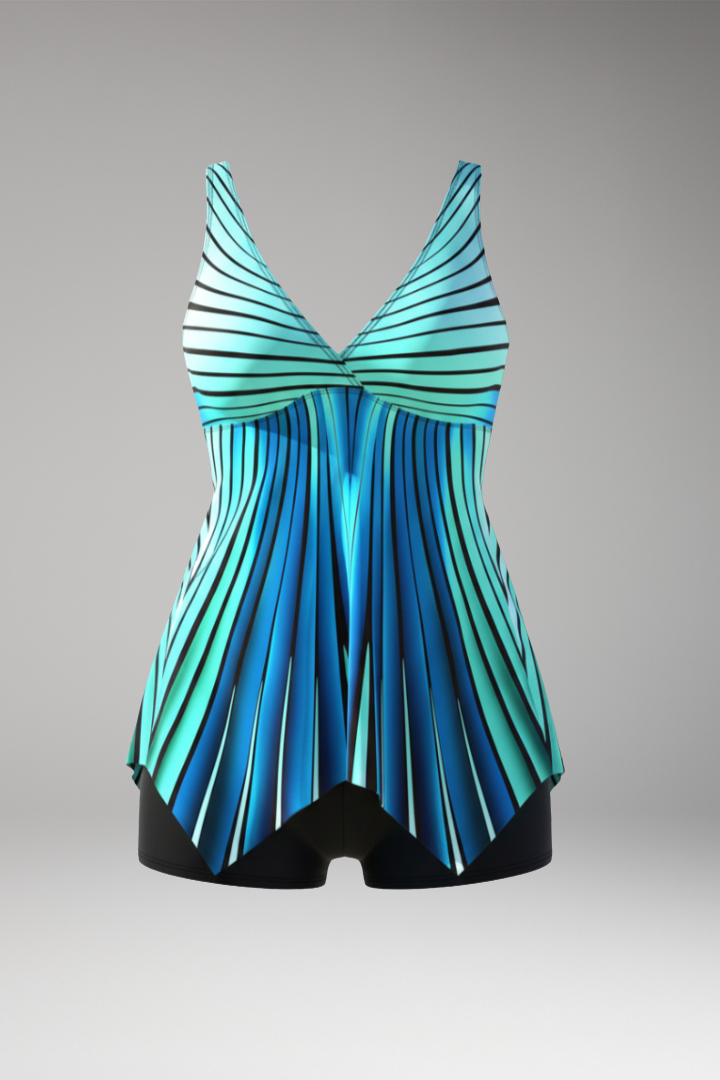 Women’s Striped V-Neck Tankini with Flowing Bottom