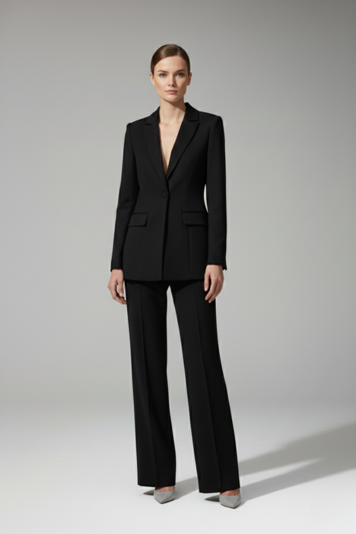 Women’s Suit Set with V Neckline and Straight-Leg Trousers