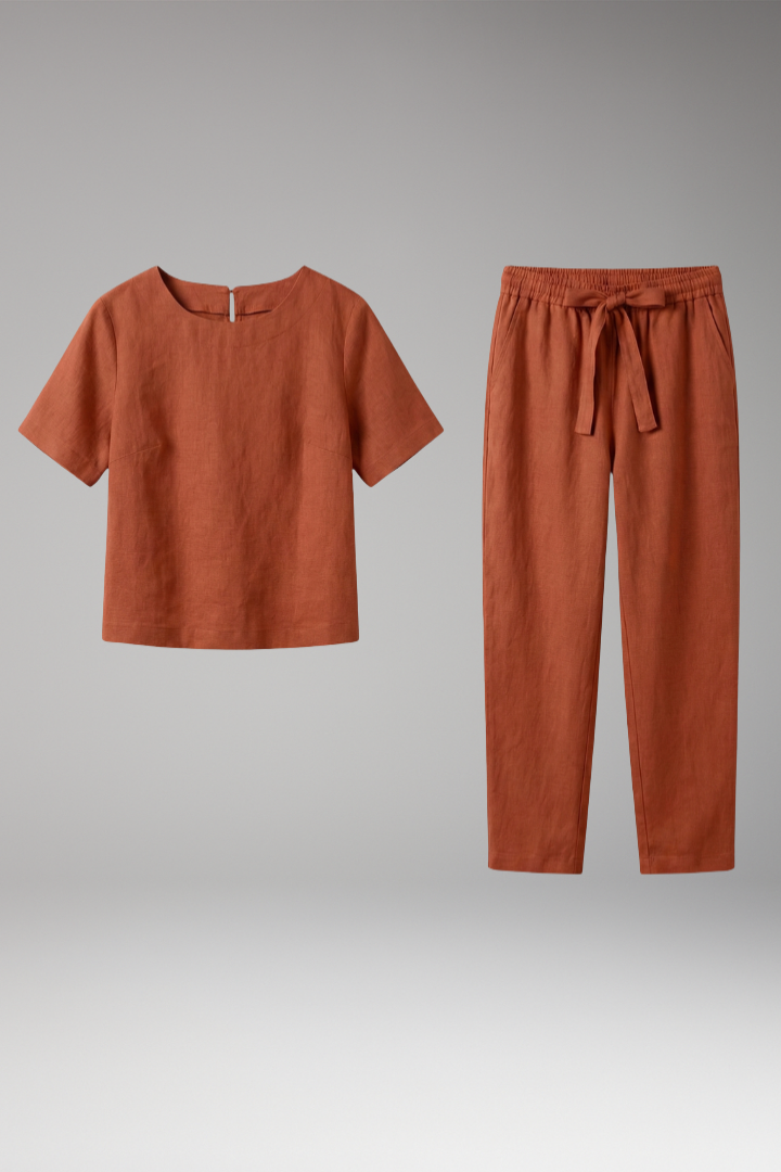 Women's Summer Top and Trousers Set with Short Sleeves