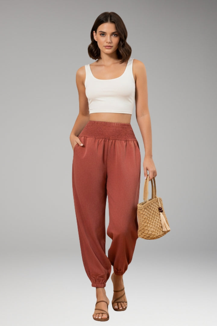 Women’s Summer Trousers with Smocked Waistband and Elastic Ankle Cuffs