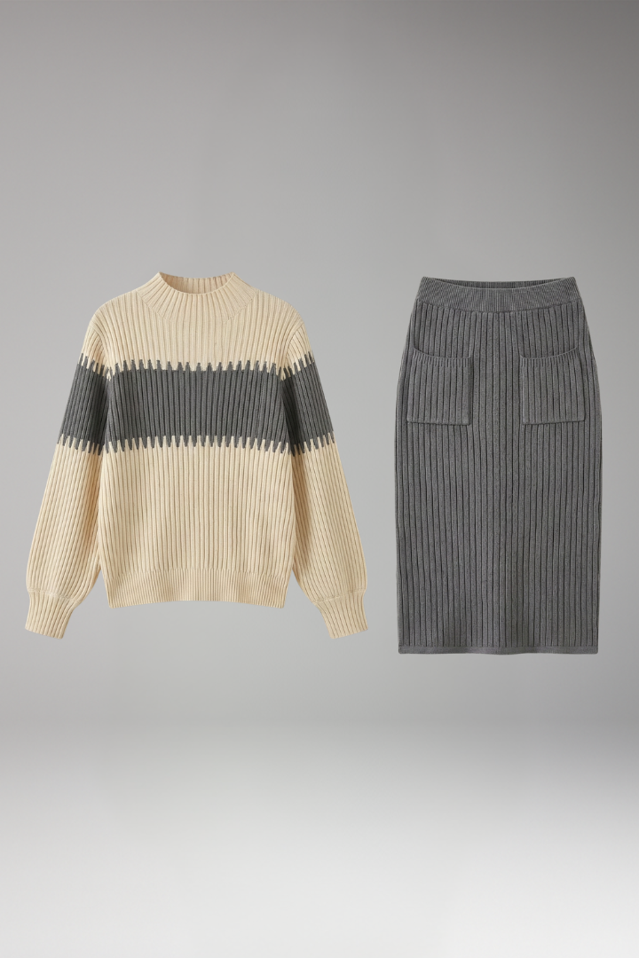 Women's Sweater and Skirt Set with Striped Design