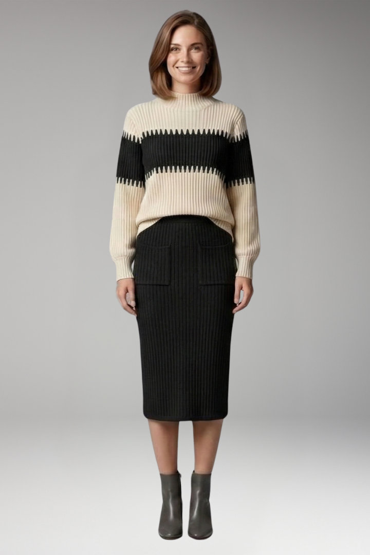 Women's Sweater and Skirt Set with Striped Design