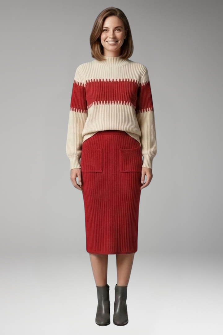 Women's Sweater and Skirt Set with Striped Design