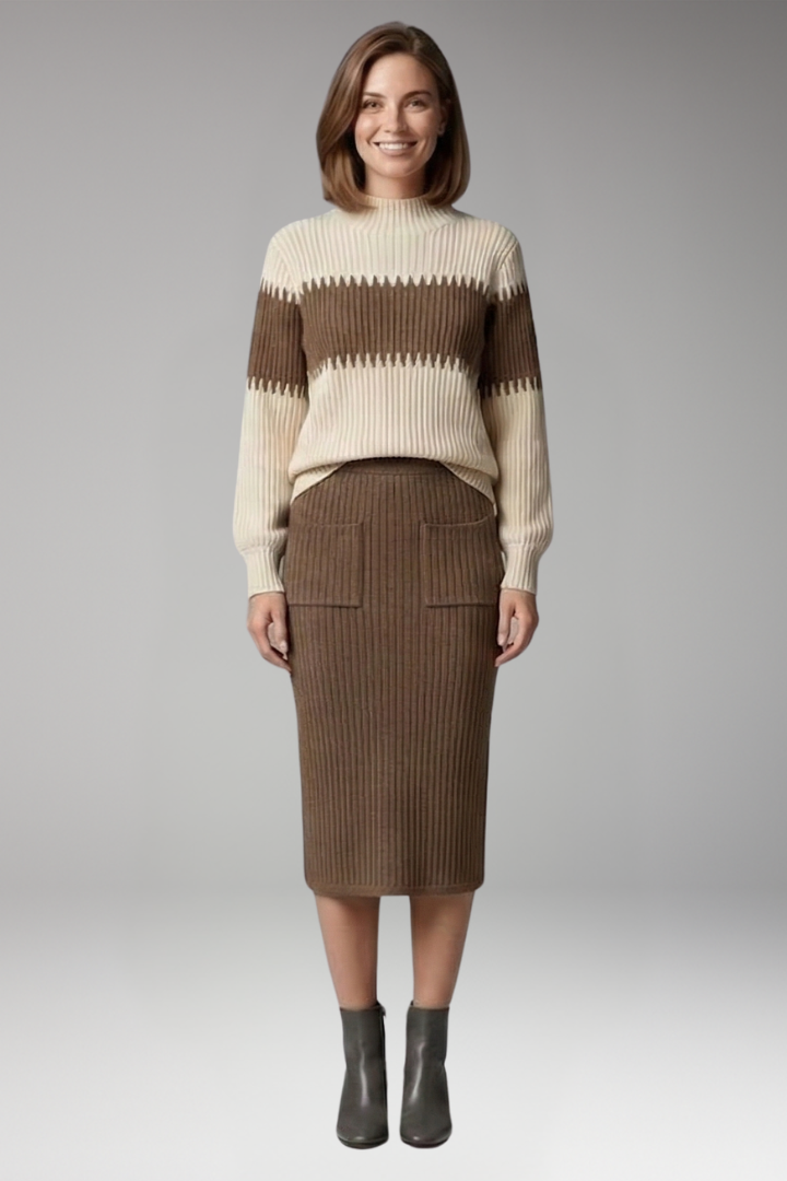 Women's Sweater and Skirt Set with Striped Design