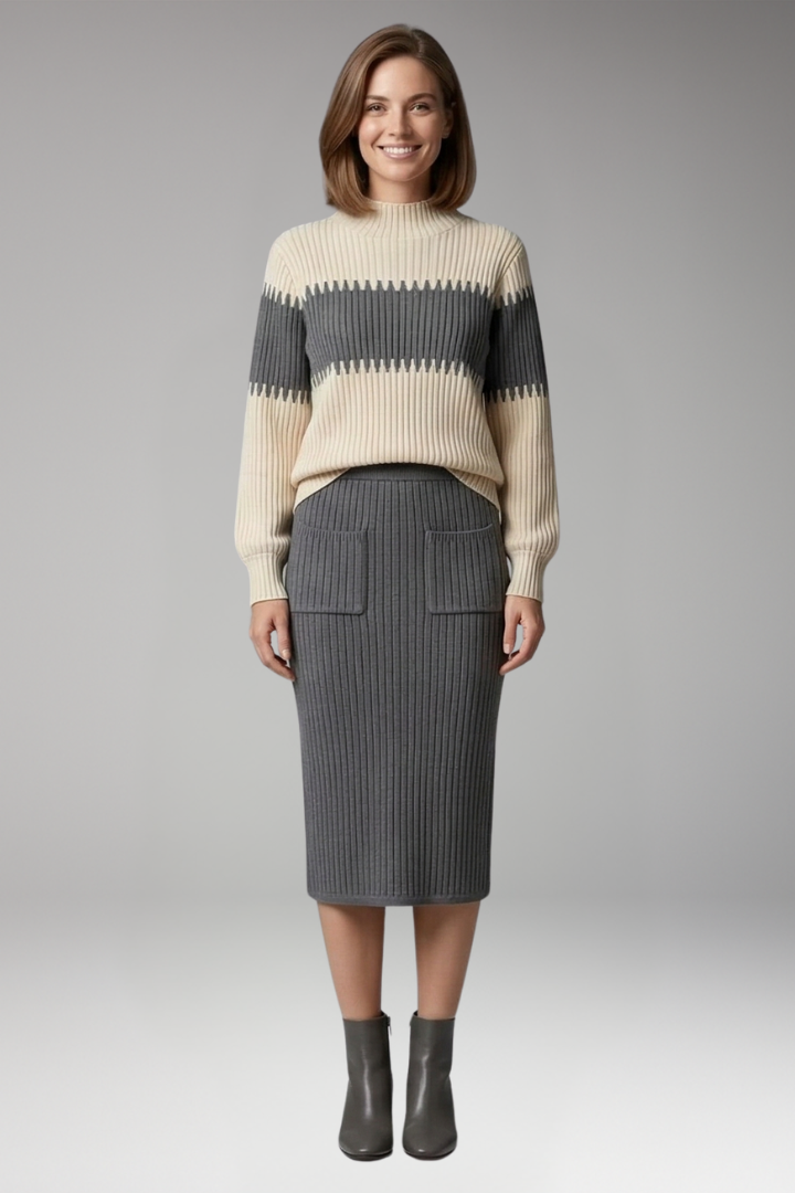 Women's Sweater and Skirt Set with Striped Design