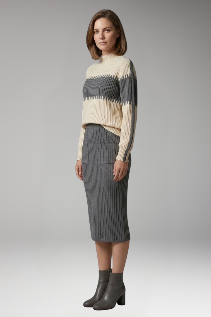 Women's Sweater and Skirt Set with Striped Design