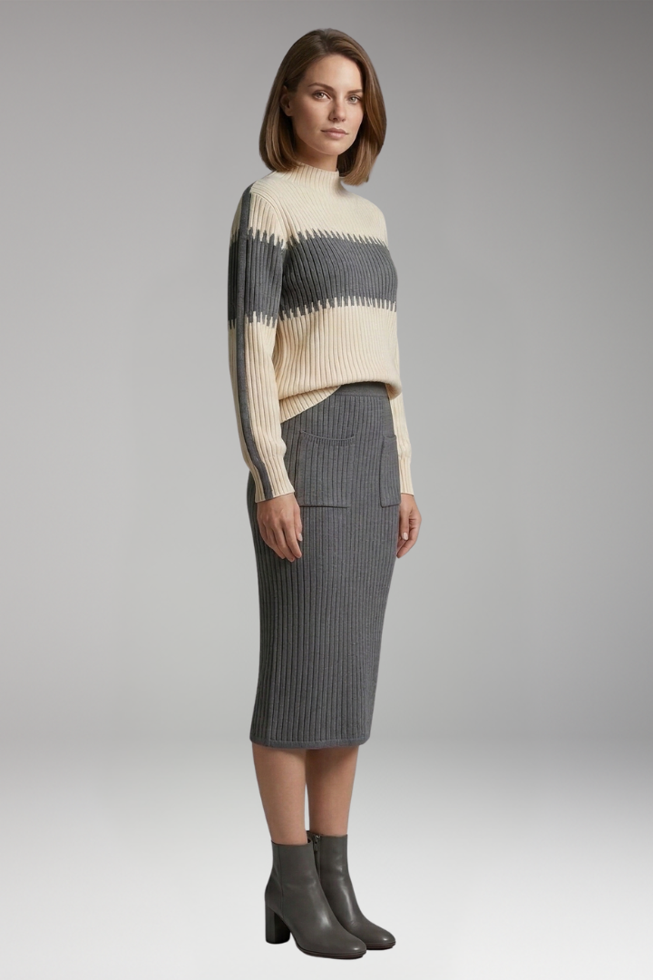 Women's Sweater and Skirt Set with Striped Design