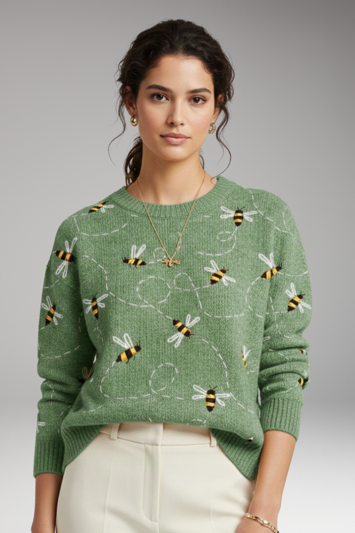 Women’s Jumper with Bee Motifs and Long Sleeves