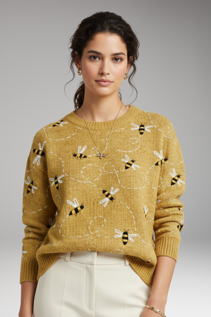 Women’s Jumper with Bee Motifs and Long Sleeves