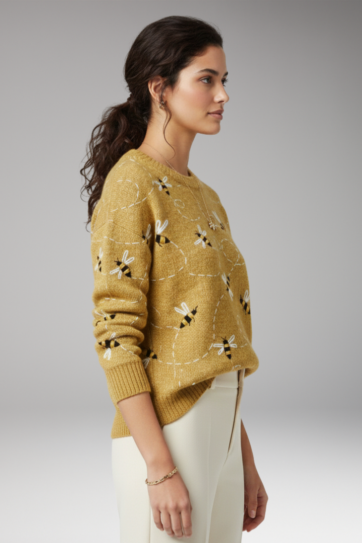 Women’s Jumper with Bee Motifs and Long Sleeves