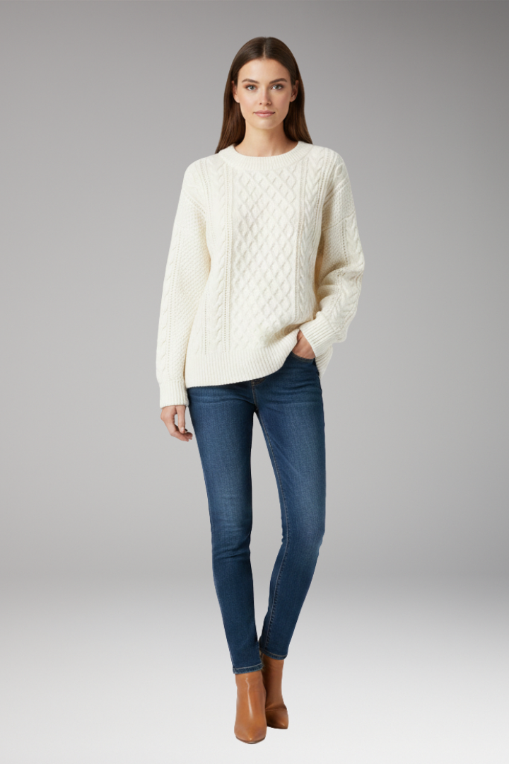 Women’s Jumper with Crew Neck and Cable Surface