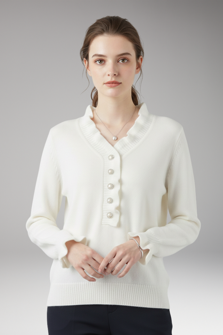 Women’s Jumper with Ruffled Collar and Decorative Buttons