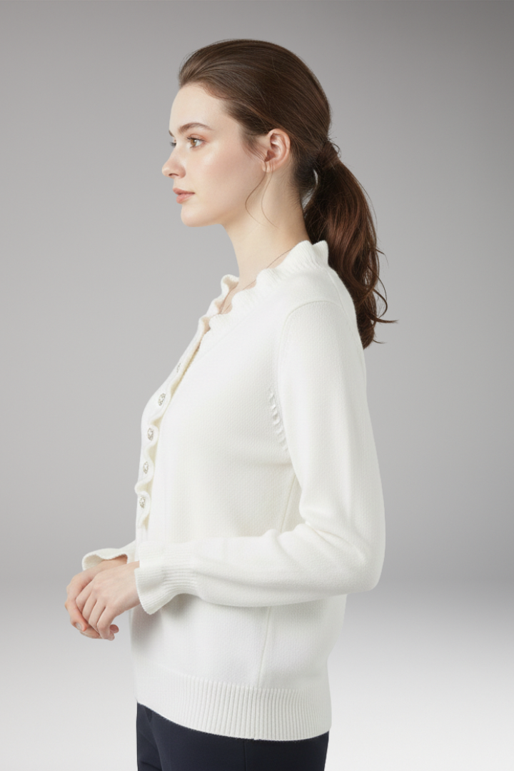 Women’s Jumper with Ruffled Collar and Decorative Buttons