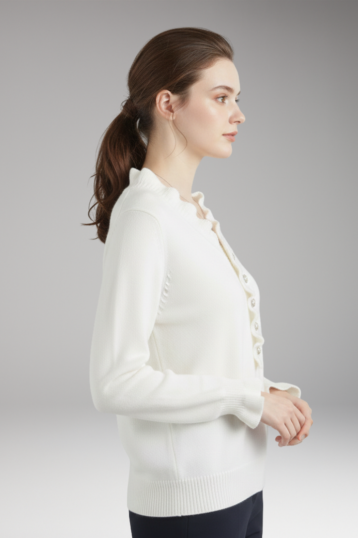 Women’s Jumper with Ruffled Collar and Decorative Buttons