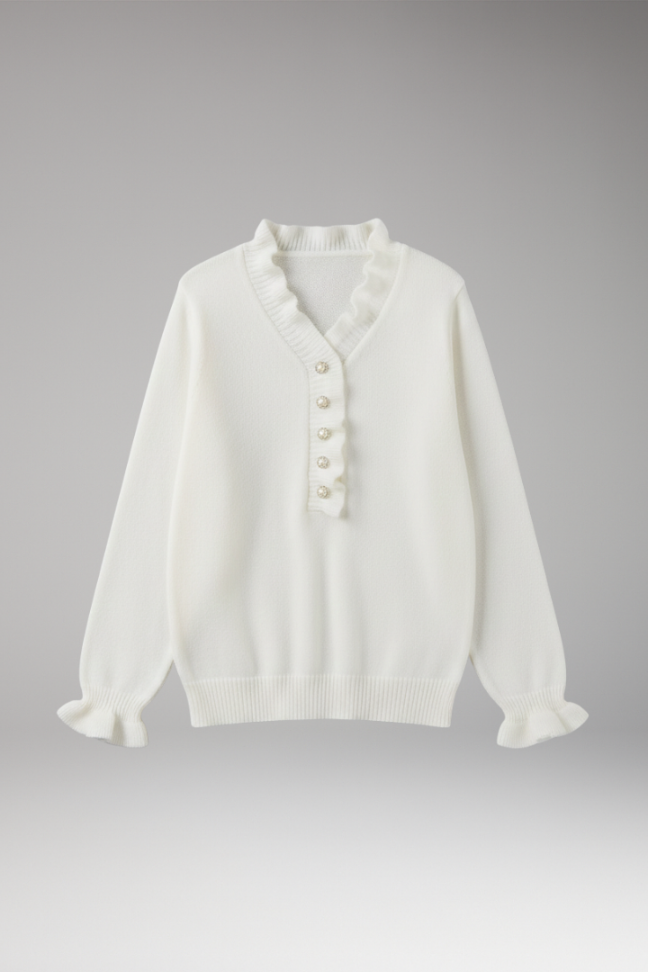 Women’s Jumper with Ruffled Collar and Decorative Buttons