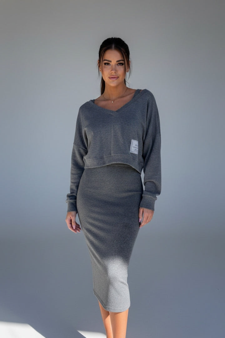Women's Sweatshirt Dress Set with Fitted Midi Dress and Modern Sweatshirt