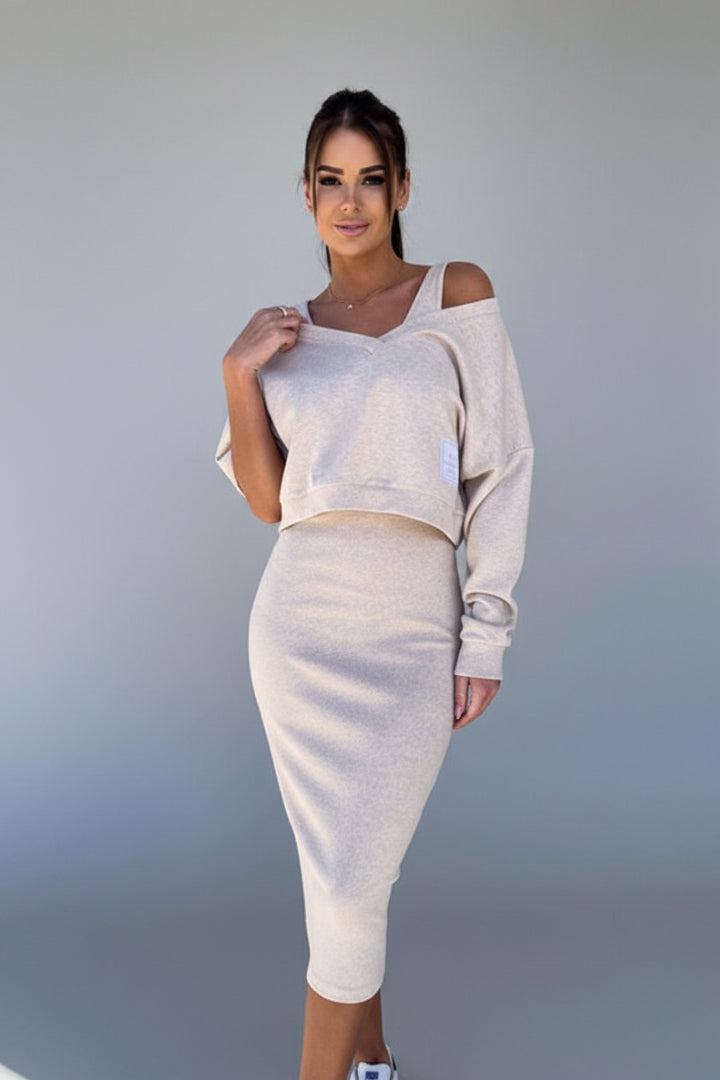 Women's Sweatshirt Dress Set with Fitted Midi Dress and Modern Sweatshirt