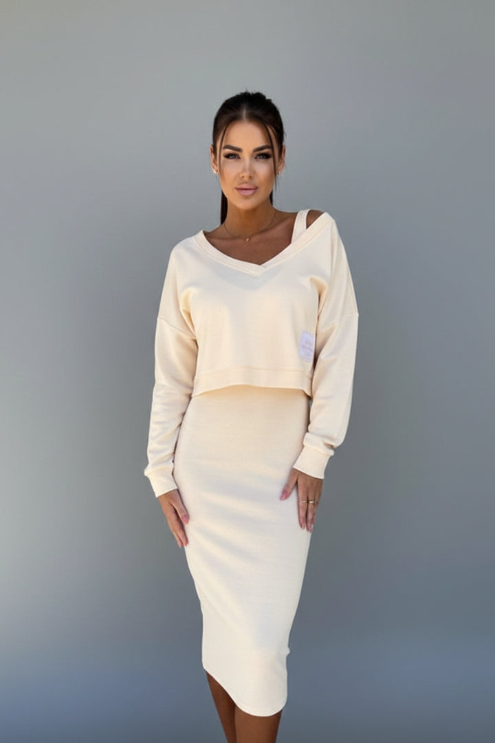 Women's Sweatshirt Dress Set with Fitted Midi Dress and Modern Sweatshirt